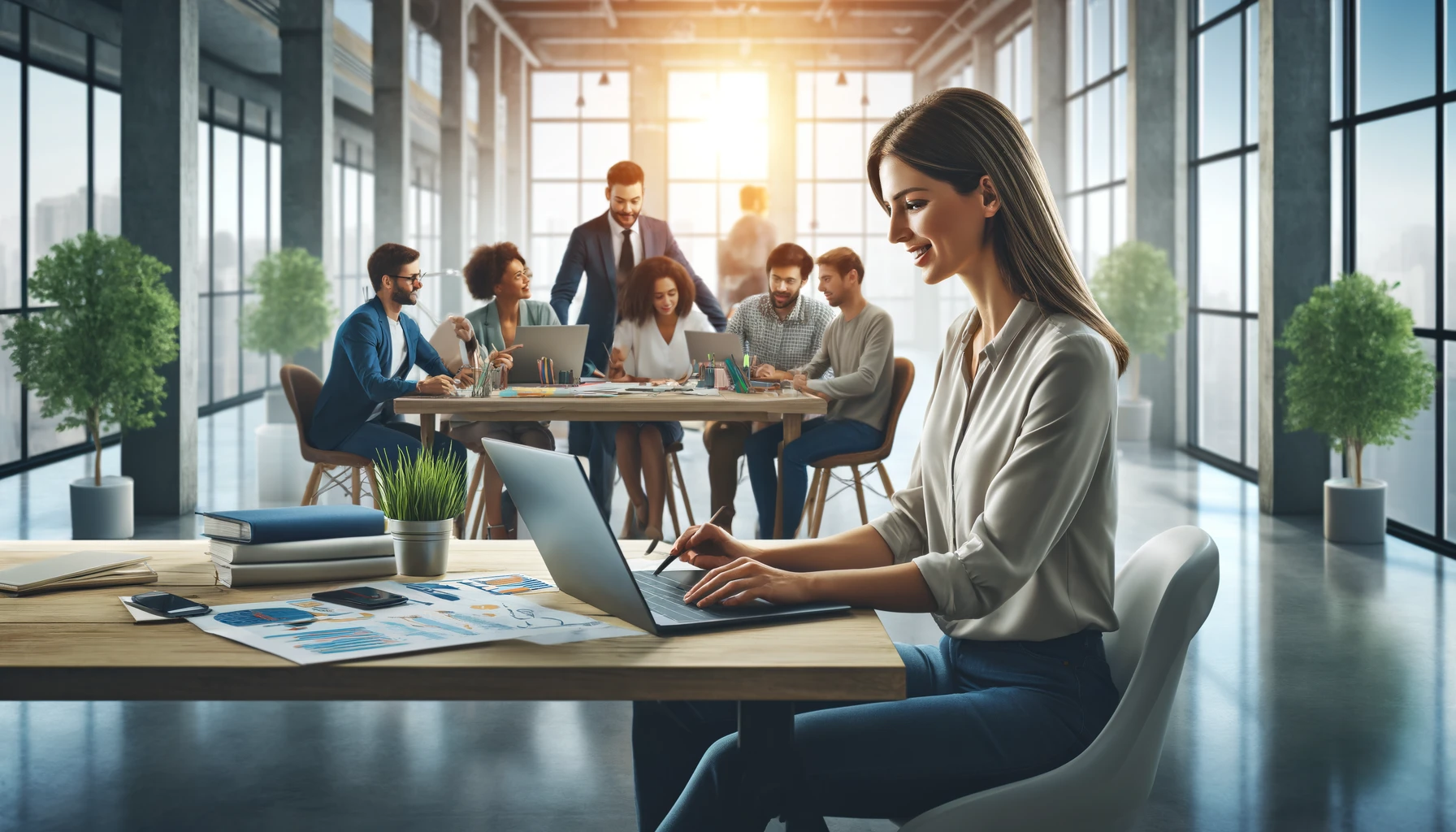 business woman is sitting at a large table in a bright, modern office, working on her laptop